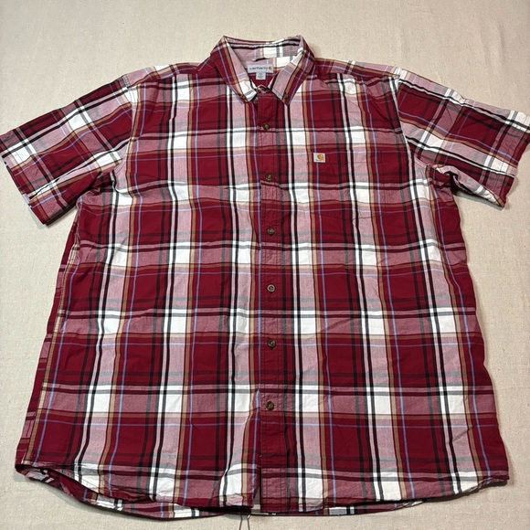 Carhartt Mens Sz 2XLT XXL TALL Loose Fit Short Sleeve Red Plaid Work Wear - Picture 2 of 5